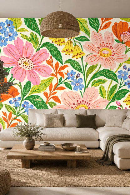Children's playroom wall covered in cheerful floral wallpaper mural.