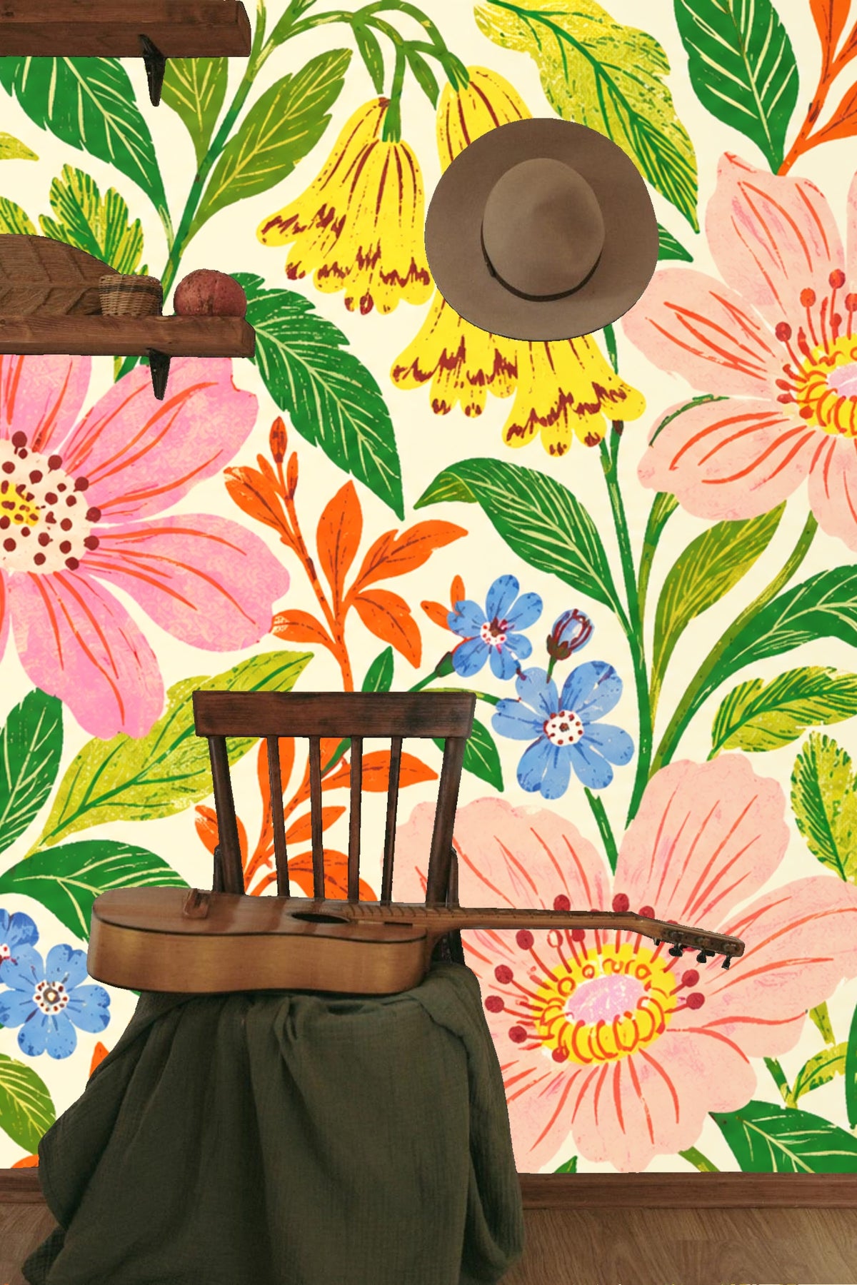 Stylized foliage and floral elements in a dynamic, colorful wallpaper composition.