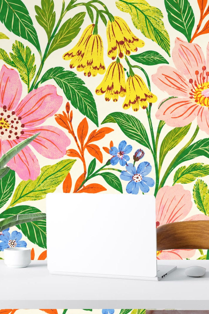 Wall art showing overlapping leaves and flowers in naturalistic hand-drawn style.