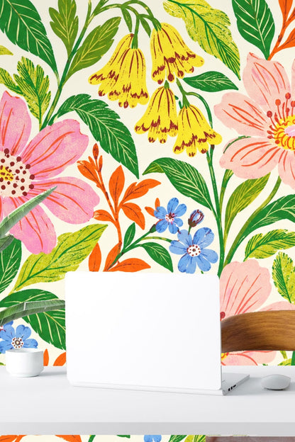 Wall art showing overlapping leaves and flowers in naturalistic hand-drawn style.