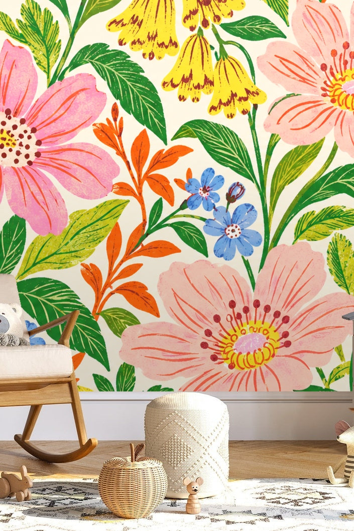 Wallpaper artwork showing a dense floral pattern of pink and orange flowers with green leaves.