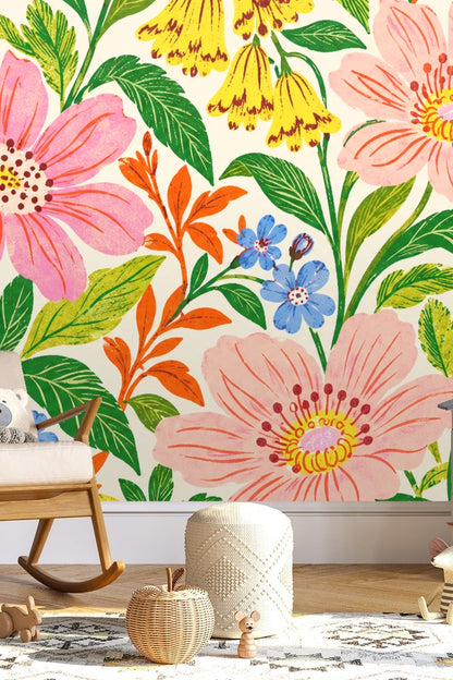 Wallpaper artwork showing a dense floral pattern of pink and orange flowers with green leaves.
