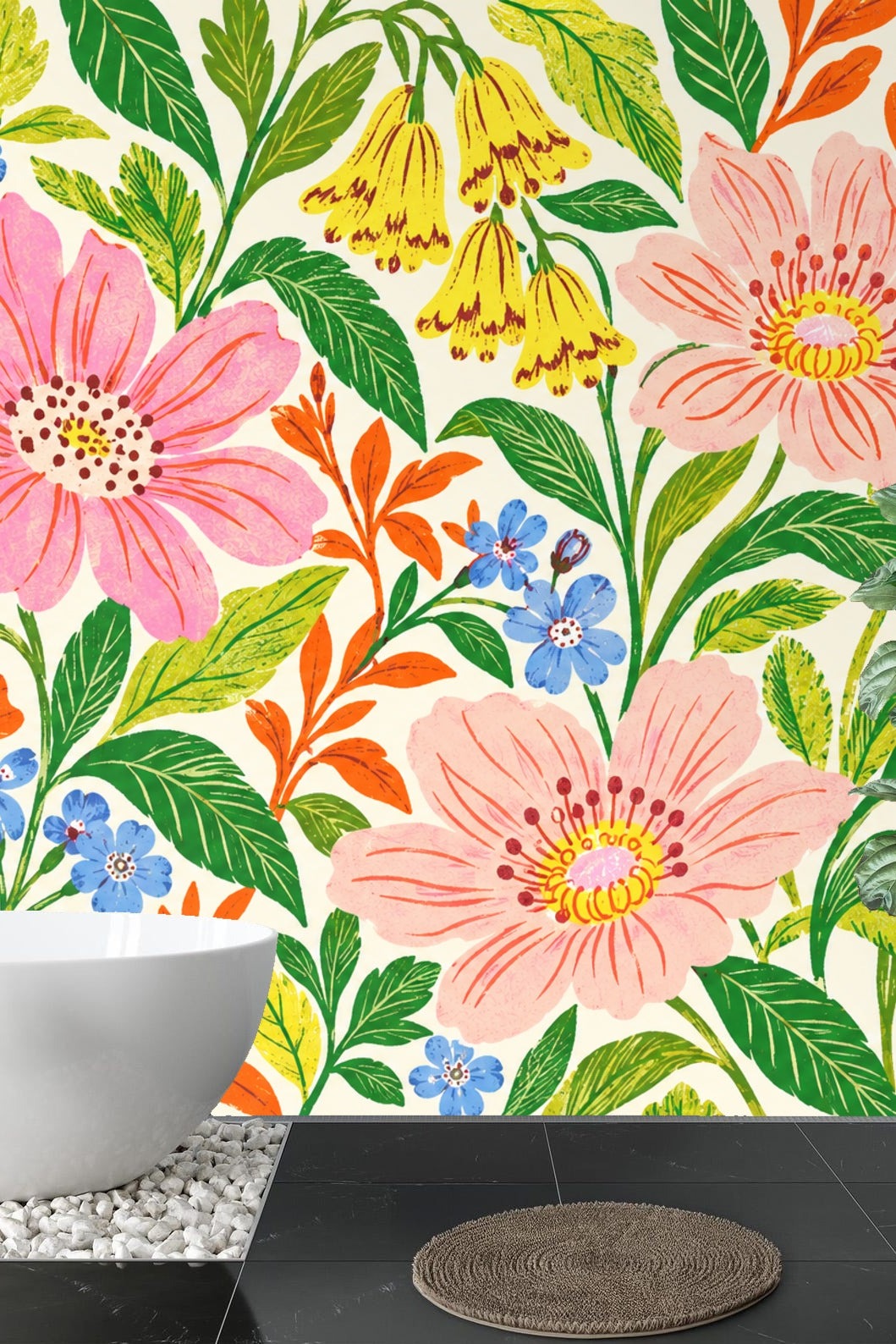Pattern repeat showing clusters of blue and yellow flowers interspersed with pink and orange blooms.