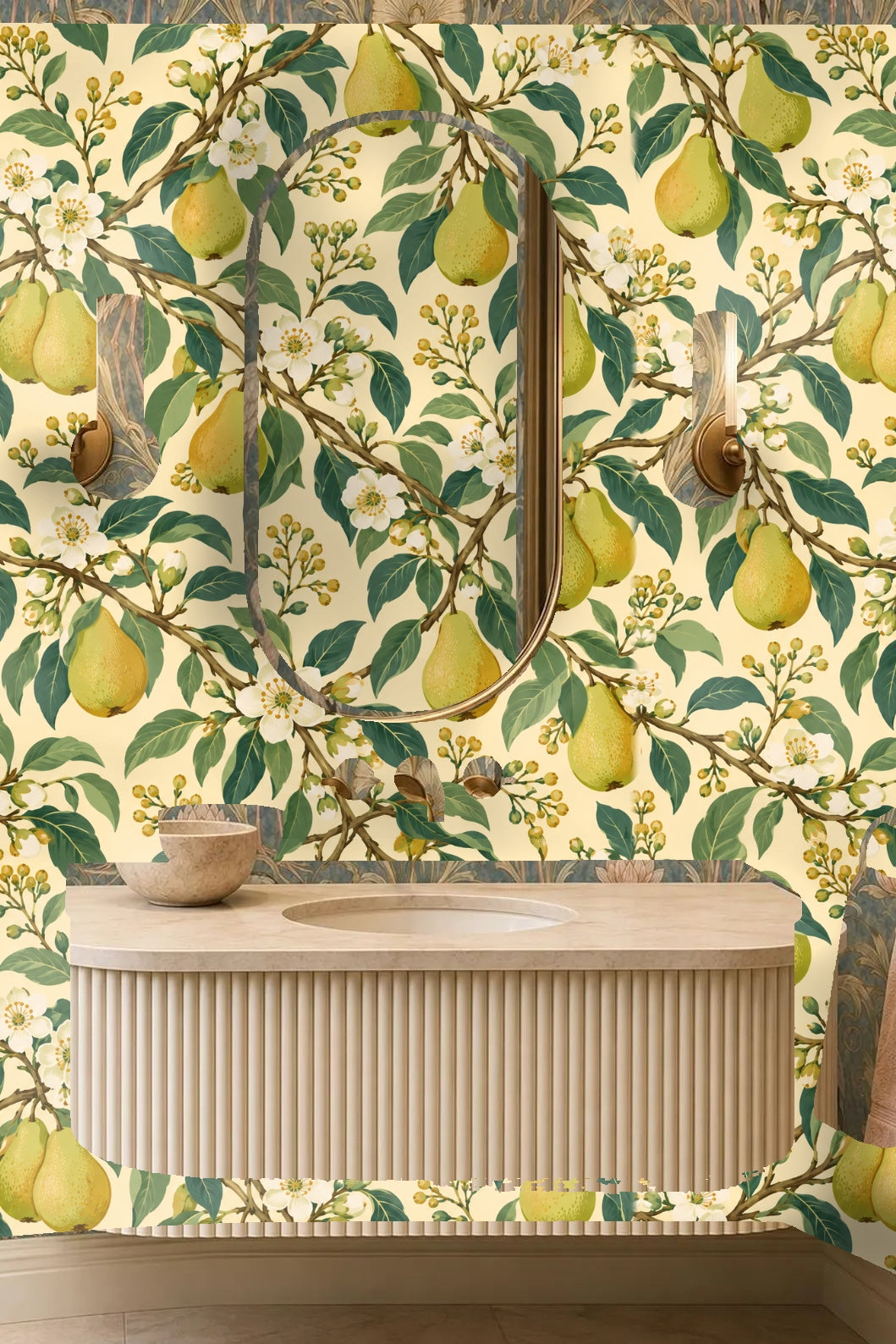 Segment of wallpaper with intertwined pear branches and soft shadowing for depth.