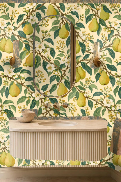Segment of wallpaper with intertwined pear branches and soft shadowing for depth.