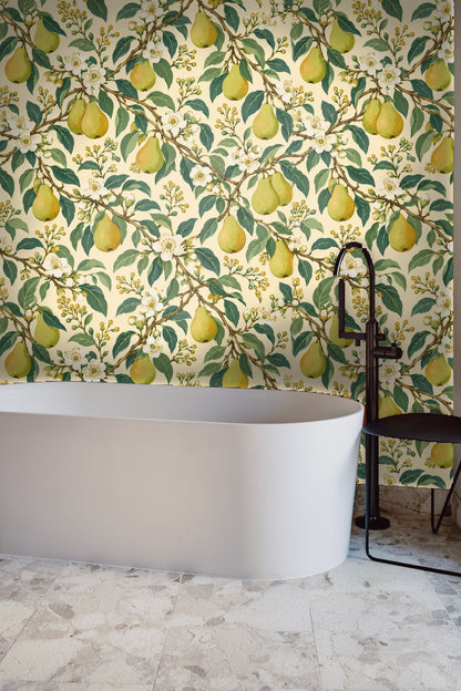 Pattern repeat demonstration of Pearflower Play wallpaper, highlighting balanced composition.