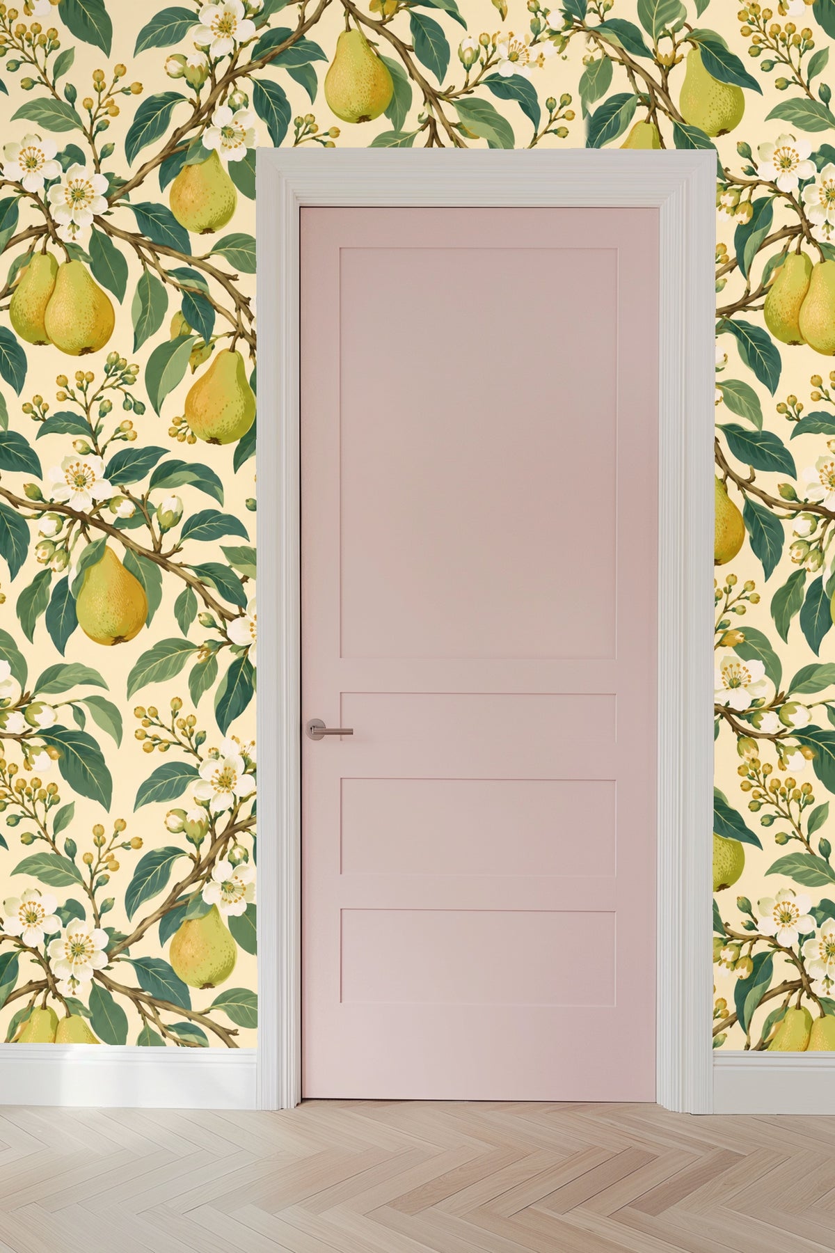 Detailed botanical line work in Pearflower Play wallpaper showing textured leaves and fruit surfaces.