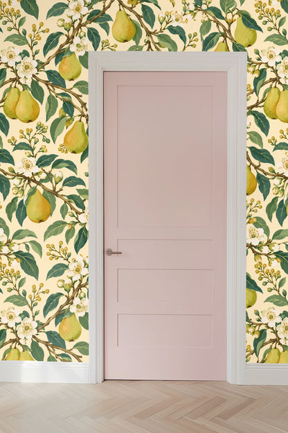 Detailed botanical line work in Pearflower Play wallpaper showing textured leaves and fruit surfaces.