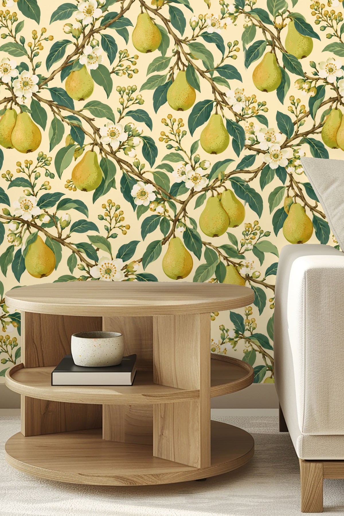 Bedroom wall with Pearflower Play wallpaper behind a mustard yellow velvet headboard.
