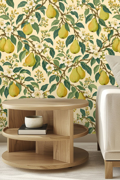 Bedroom wall with Pearflower Play wallpaper behind a mustard yellow velvet headboard.