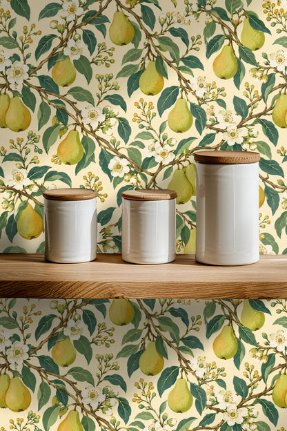 Pearflower Play wallpaper snippet with a focus on white blossoms and budding flowers.