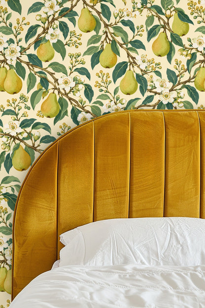 Detailed wallpaper pattern featuring ripe pears, white blossoms, and green leaves on a cream background.