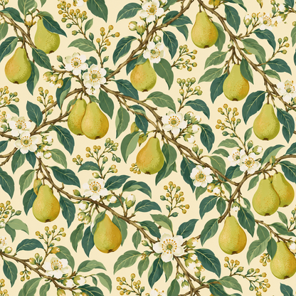 Wide view of the wallpaper pattern mix of organic shapes contrasted with crisp flower clusters.