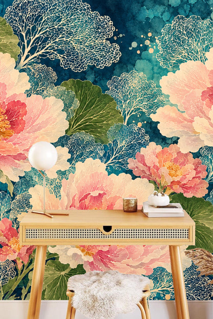 Coral and cream peonies clustered densely with contrasting deep indigo backdrop.