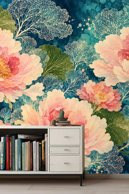 Golden yellow stamens highlight the center of the vivid floral motifs.