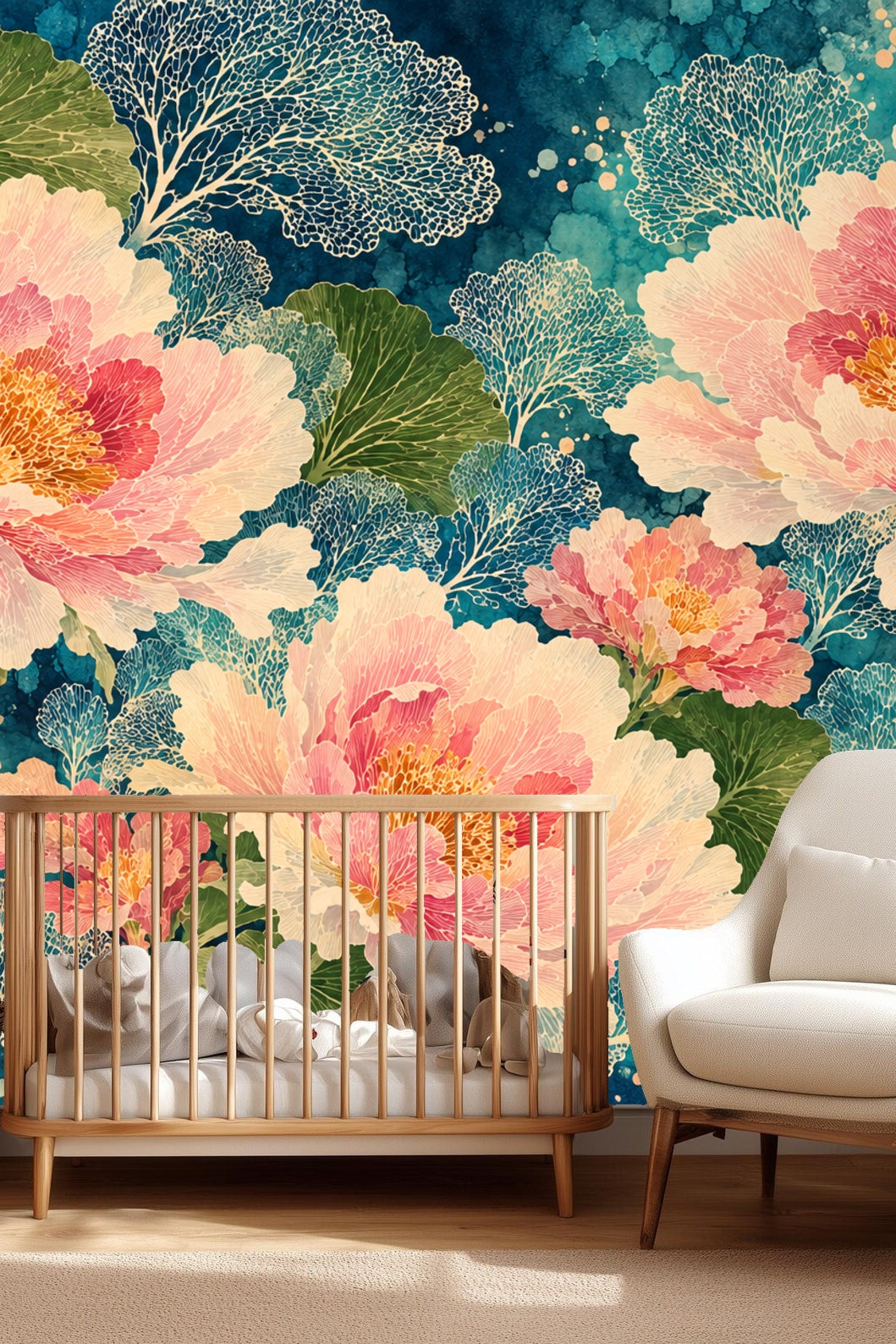 Peony wallpaper in a bright attic bedroom with light wood beams and natural woven stools.