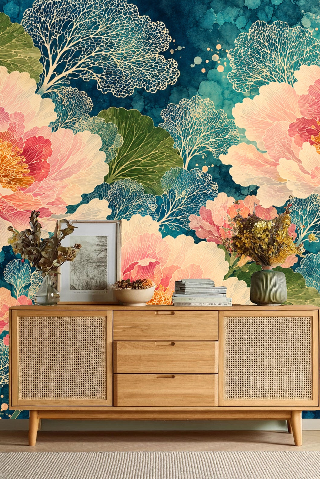 Nursery scene with peony wallpaper providing a lively yet soothing environment.