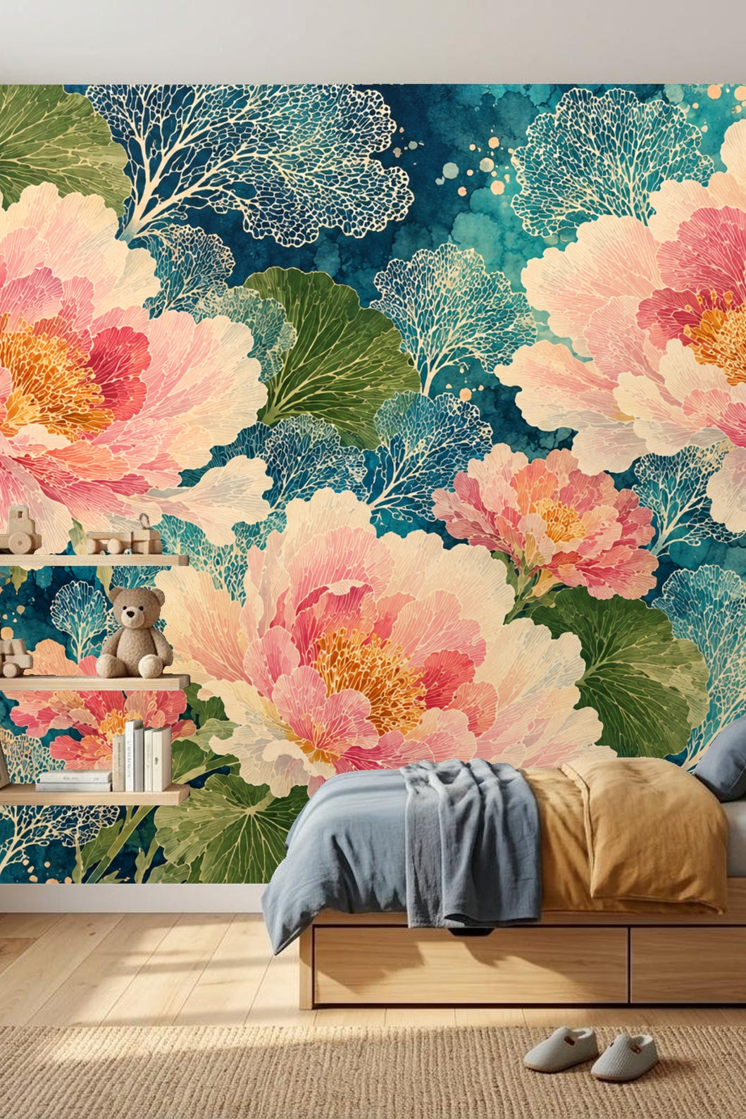 Large-scale floral wallpaper featuring coral peonies and intricate leaves behind a crib and armchair in a nursery setting.
