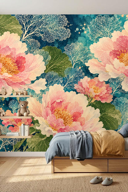 Large-scale floral wallpaper featuring coral peonies and intricate leaves behind a crib and armchair in a nursery setting.