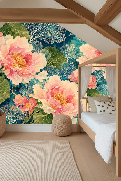 Detailed close-up of vibrant coral and cream peonies with layered green leaves on deep blue watercolor background.