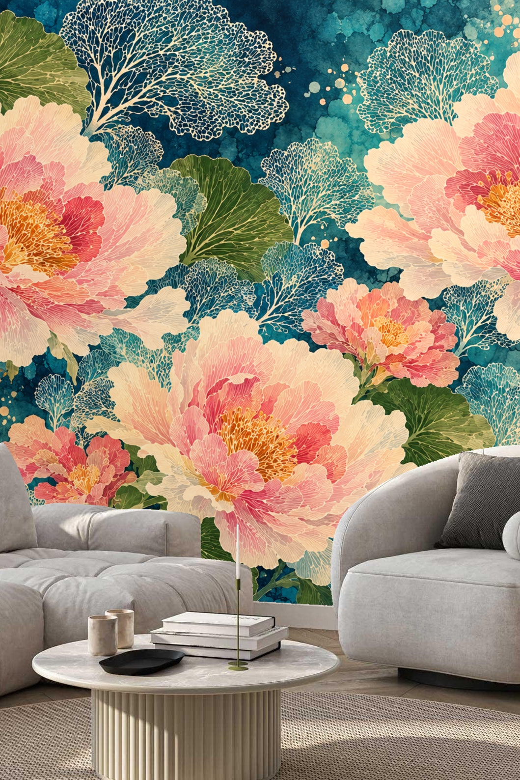 Floral wallpaper viewed at an angle showing layered texture and brightness balance.