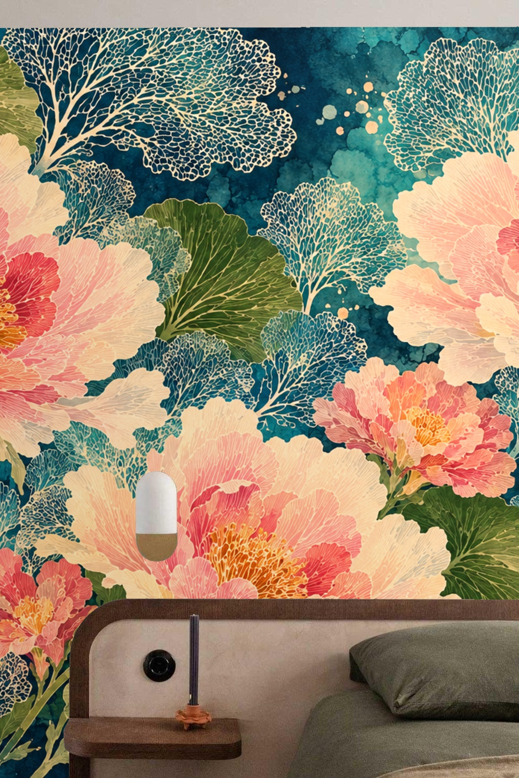 Abstract watercolor splotches in dark blue hues create depth beneath botanical elements.