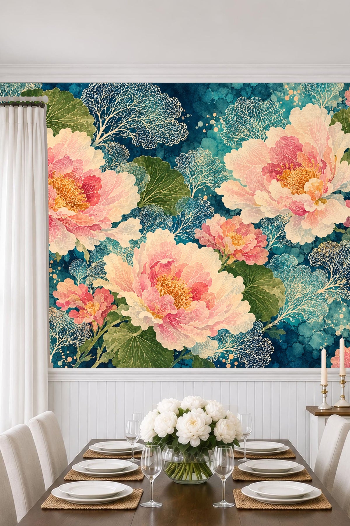 Intricate leaf patterns overlay the watercolor background in shades of blue and green.