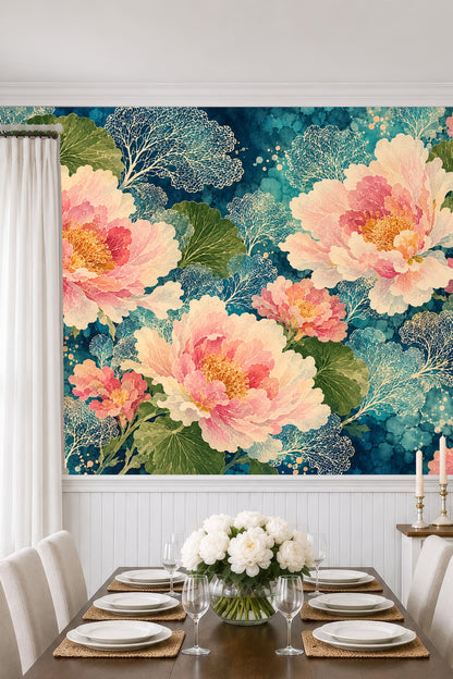 Intricate leaf patterns overlay the watercolor background in shades of blue and green.