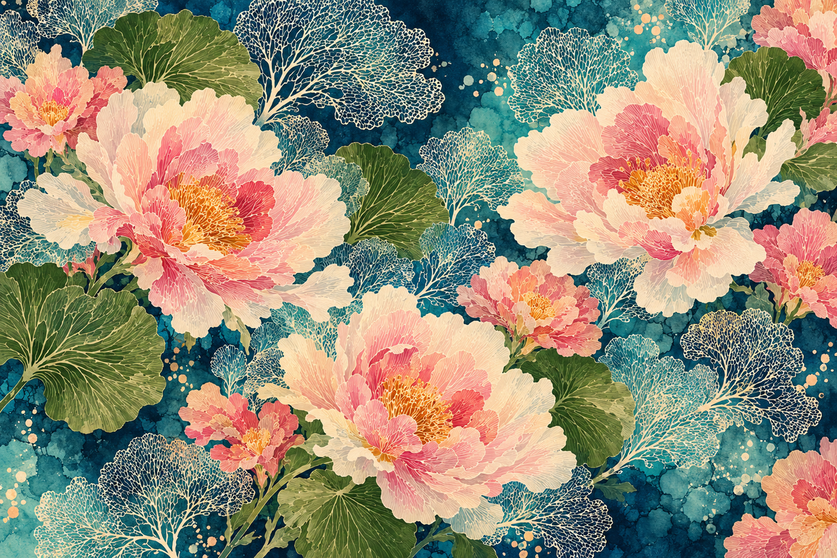 Peony wallpaper detail emphasizing the artistic ink wash style and botanical accuracy.