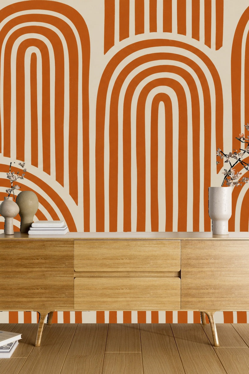 Wallpaper close-up with terracotta arch pattern on cream background