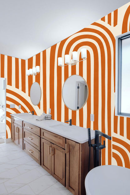 Detail of terracotta linear arches in graphic repeating pattern