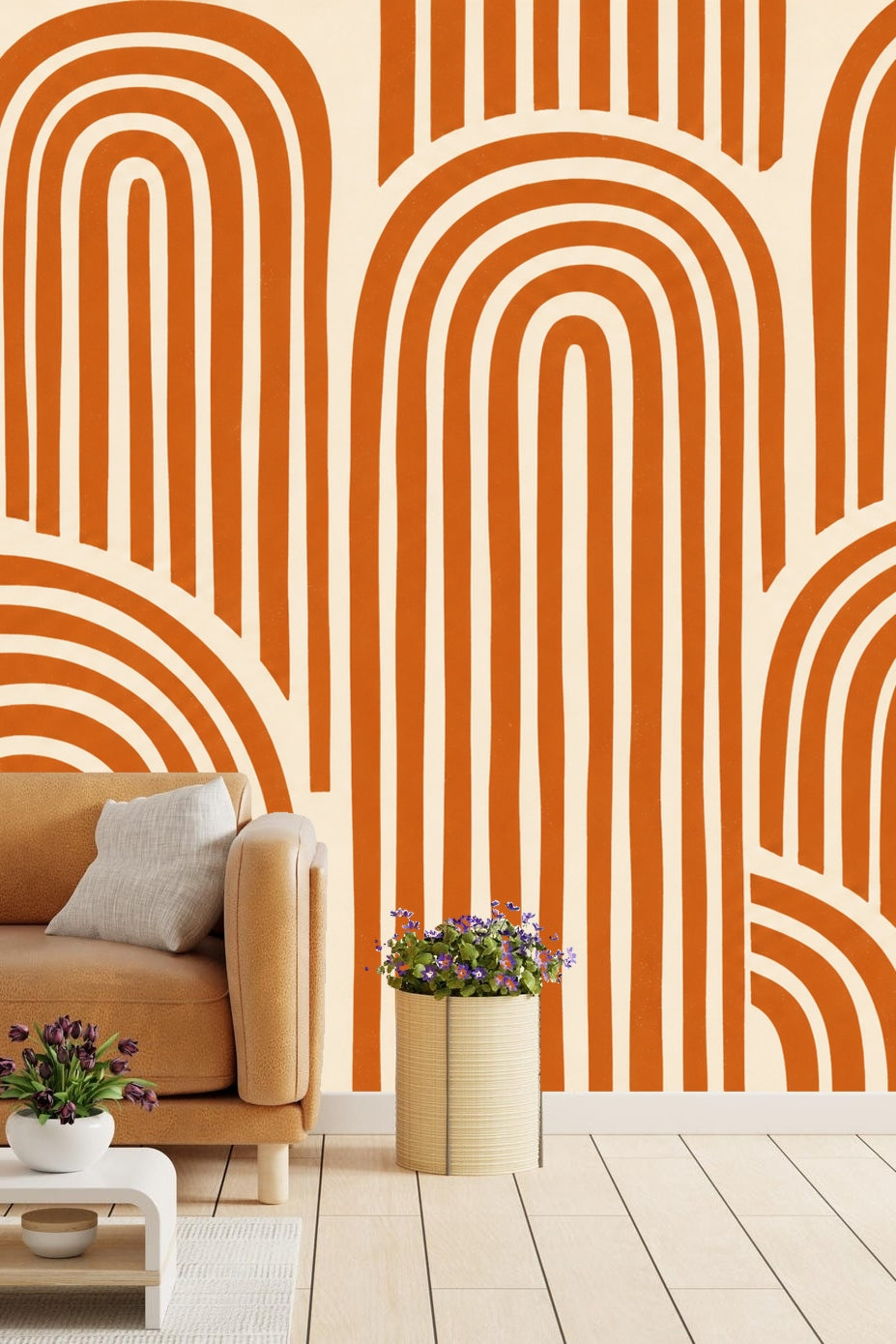 Living room interior featuring terracotta arch wallpaper behind wooden sideboard