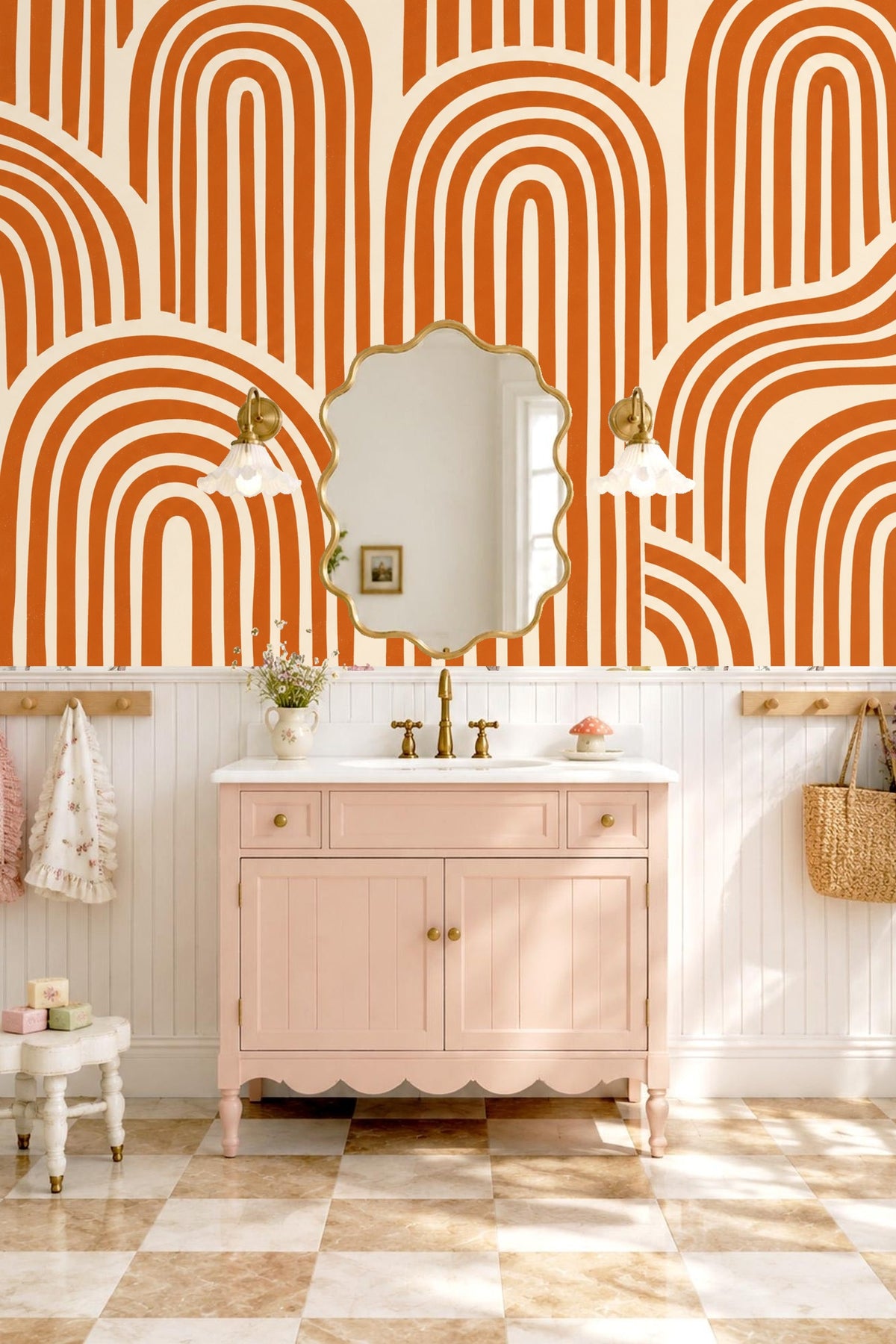 Natural wood furniture against terracotta arch wallpaper