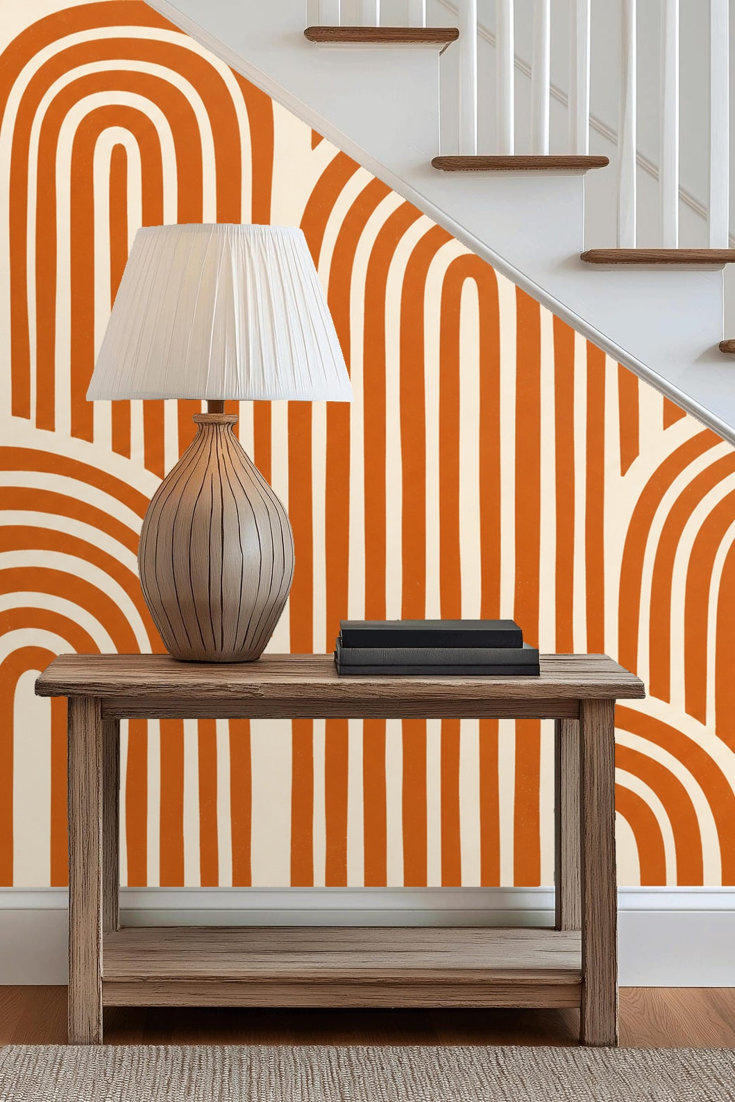 Minimalist living room with bold terracotta arches wallpaper