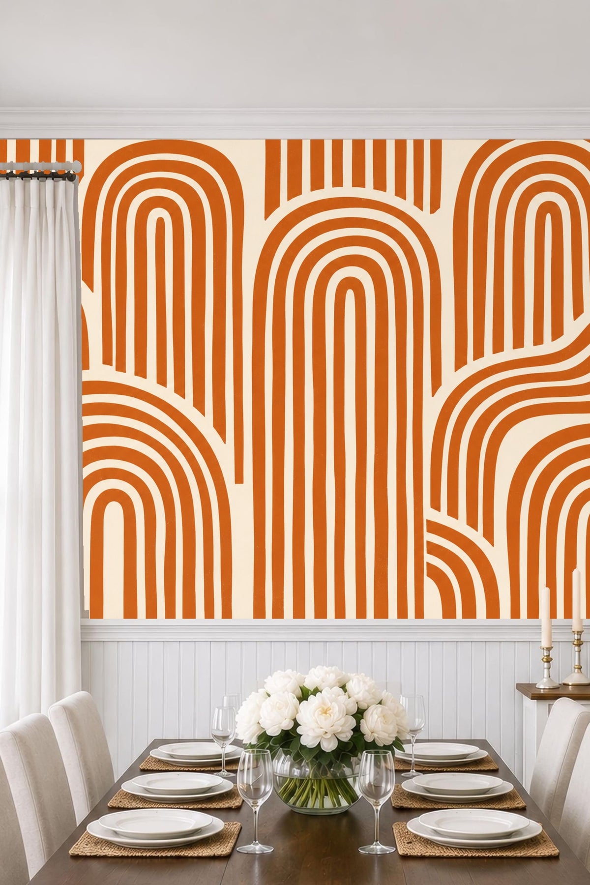 Modern bedroom with terracotta arch wallpaper accent wall