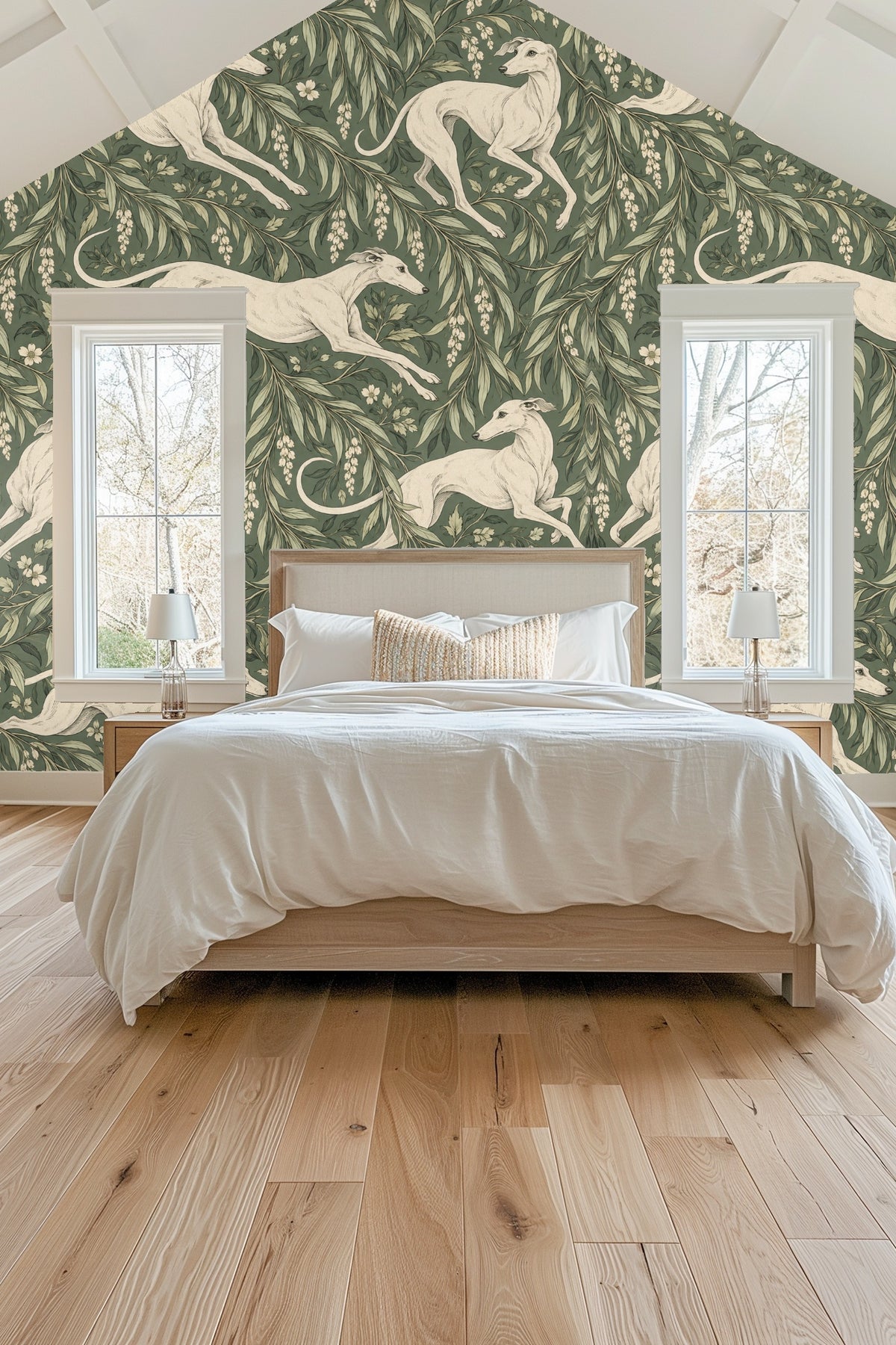 Pattern repeat with hanging flowers and varied leaf shapes in green tones