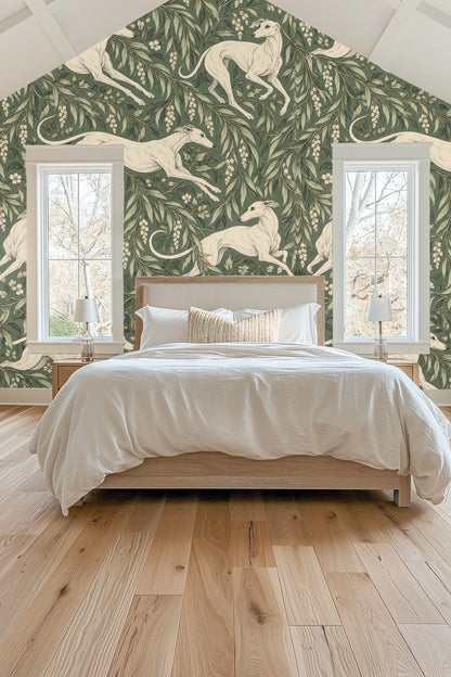 Pattern repeat with hanging flowers and varied leaf shapes in green tones