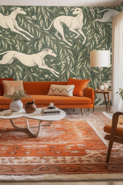 Laundry room wall adorned with Whippet Grove wallpaper behind sink and shelves, highlighting botanical canine design