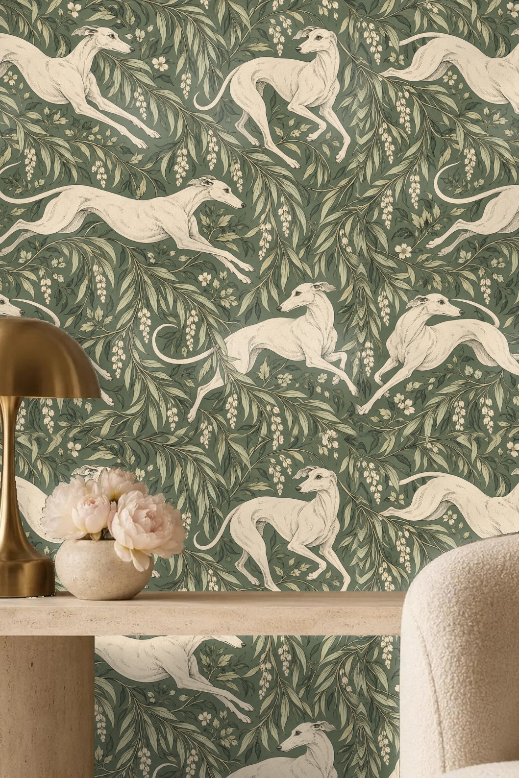 Visual scale of wallpaper pattern alongside rustic wooden bench in entryway