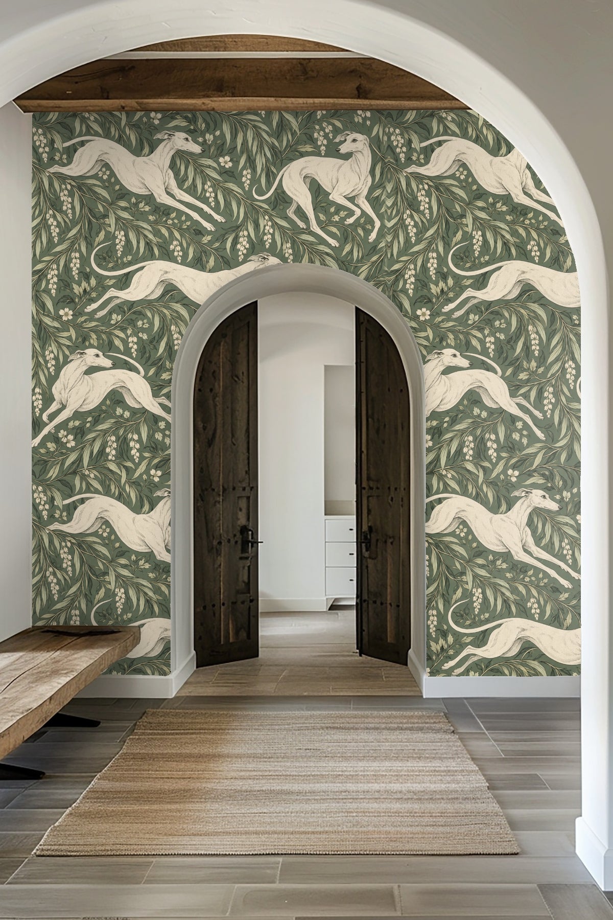 Detailed view of Whippet Grove wallpaper featuring running whippets and hanging greenery on sage background