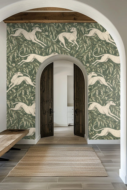Detailed view of Whippet Grove wallpaper featuring running whippets and hanging greenery on sage background