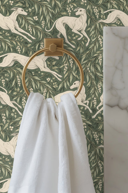 Section of wallpaper showing cream-colored whippets leaping through layered foliage