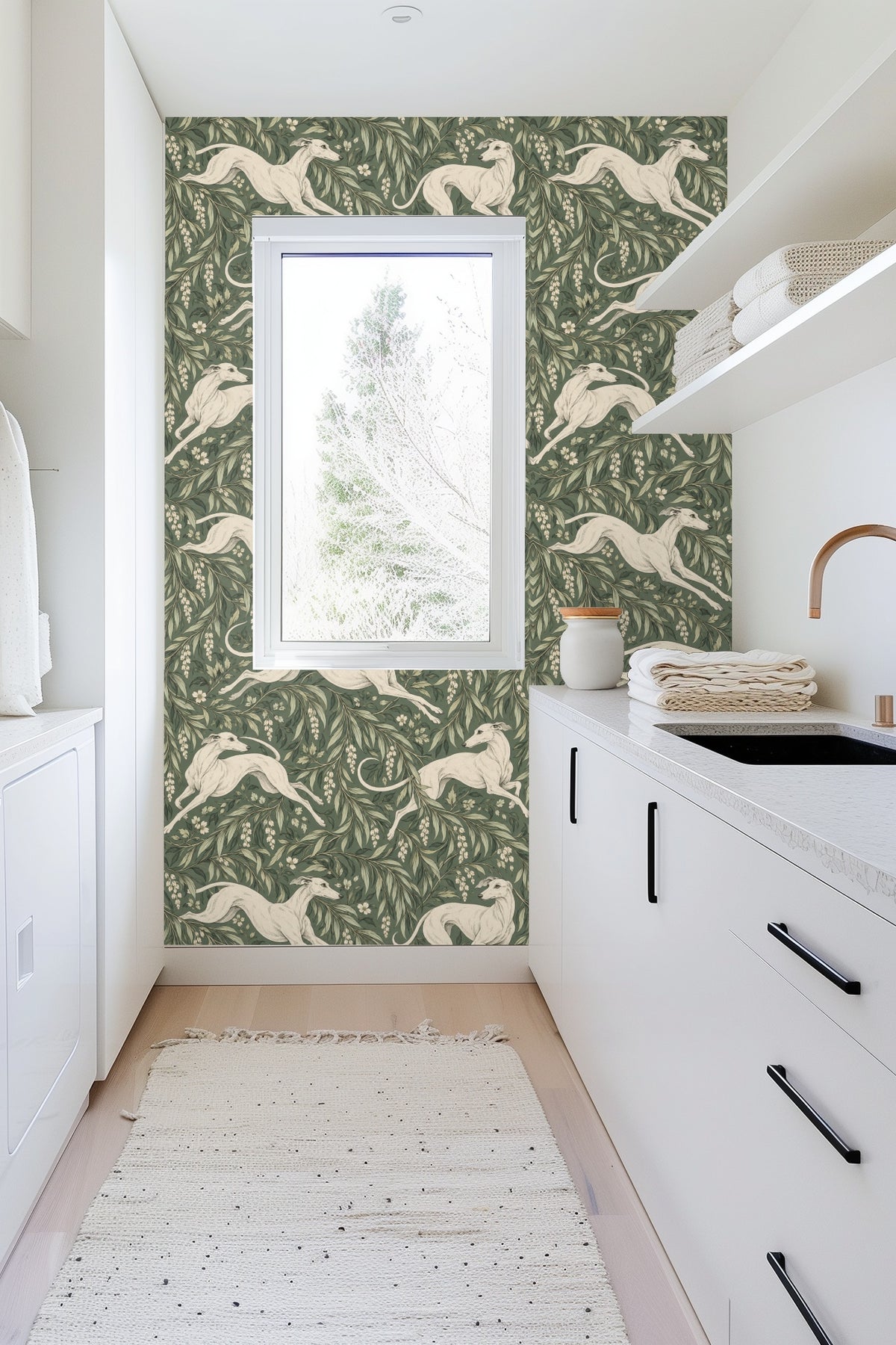 Section of wallpaper showing layered green leaves with hanging clusters of white flowers