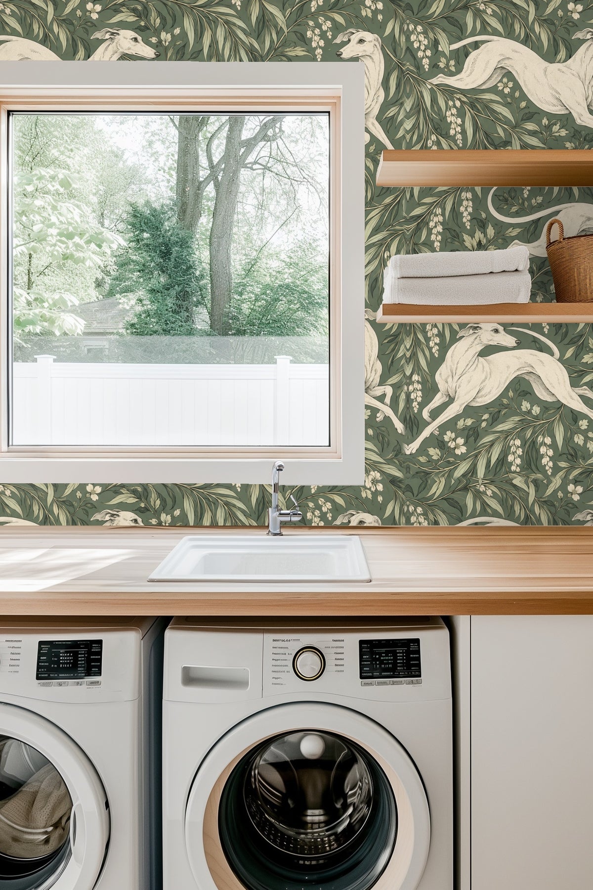 Entryway with arched doorway featuring Whippet Grove wallpaper with classic running dogs and leaves