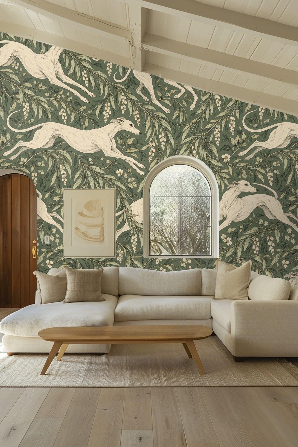 Full repeat of the green wallpaper pattern with multiple white greyhounds and laurel leaves