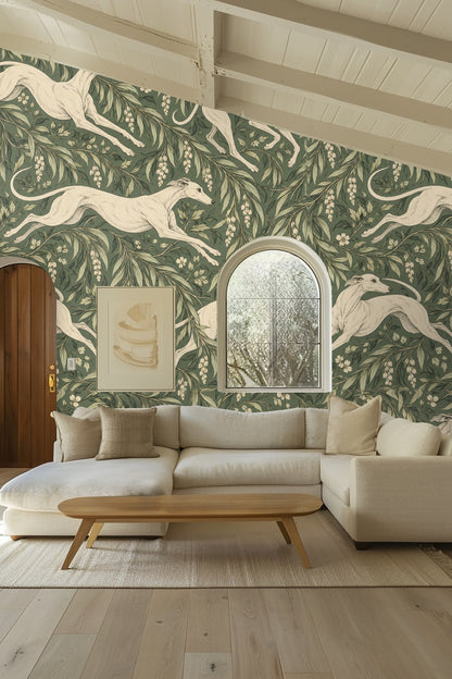 Full repeat of the green wallpaper pattern with multiple white greyhounds and laurel leaves