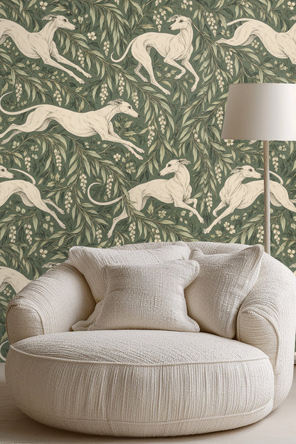 Close-up detail of a running greyhound in pencil-lined style amidst trailing green laurel branches