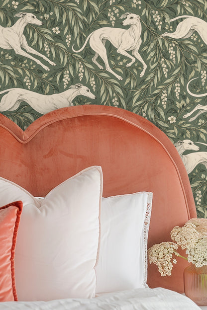 Open and closed views of the wooden medicine cabinet set against the botanical dog wallpaper