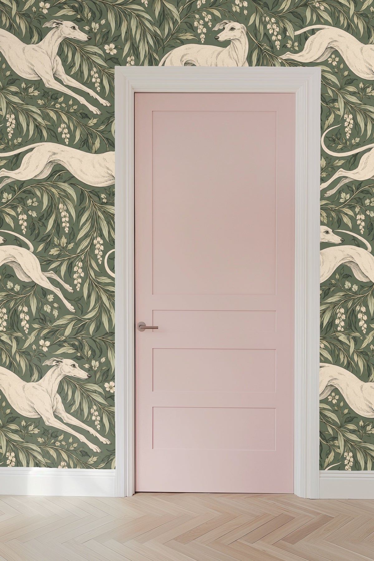 Partial view of the mustard velvet headboard with the wallpaper pattern visible behind