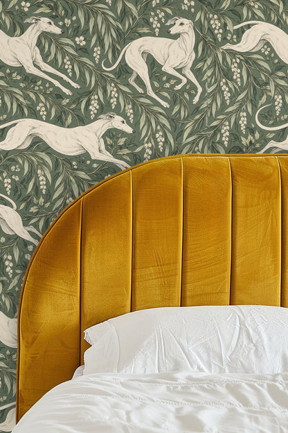 Close-up of a wooden medicine cabinet open against a wall covered in wallpaper featuring white greyhounds and green laurel branches